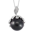Tahitian Cultured Pearl and White Zircon Bell Floral Pendant Necklace 18 Inches in Rhodium Over Sterling Silver 0.50 ctw - Sticky add to cart bar