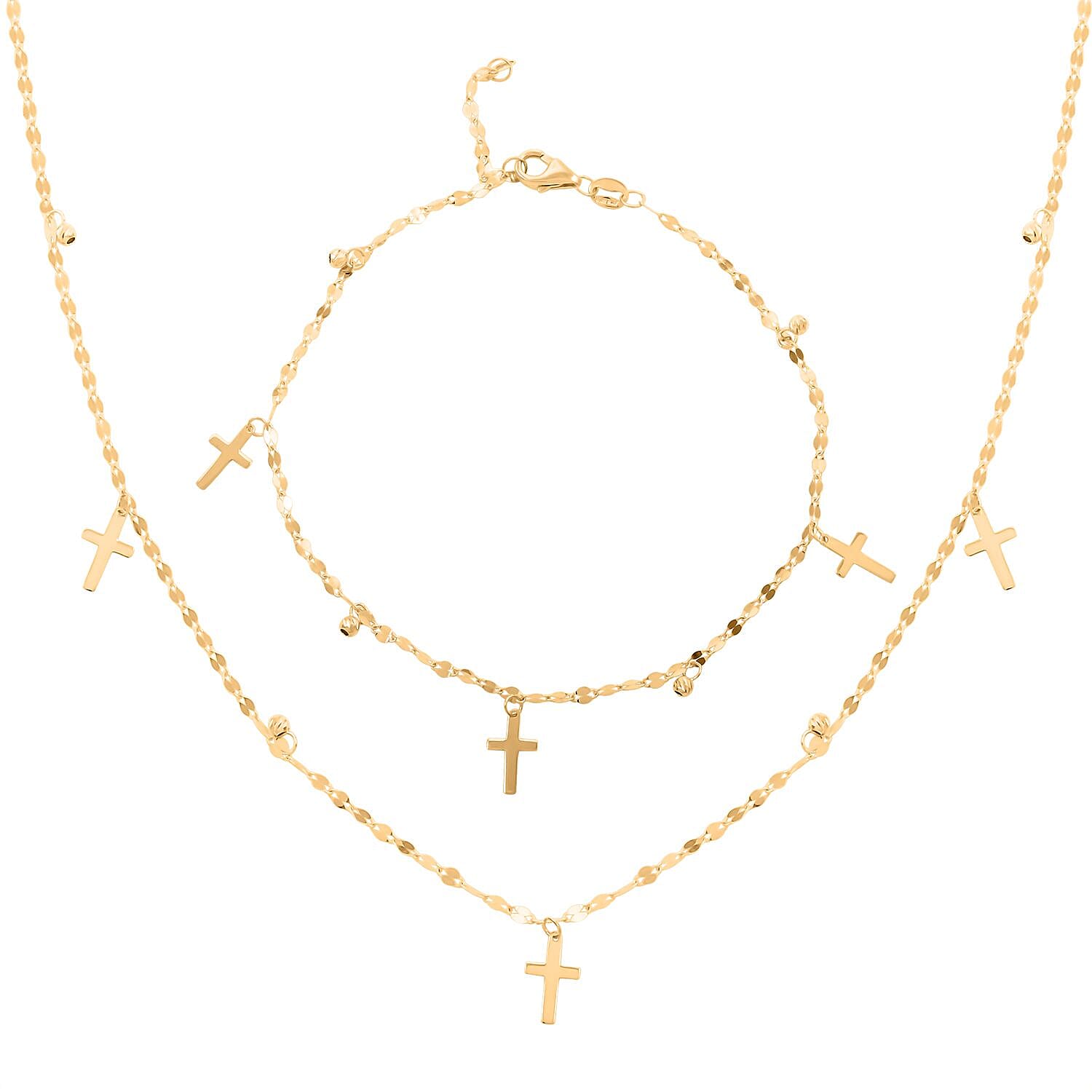 Italian 10K Yellow Gold Cross Beaded Bracelet (7.00-8.00In) and Necklace 18-20 Inches 1.75 Grams