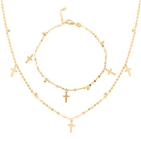 Italian 10K Yellow Gold Cross Beaded Bracelet (7.00-8.00In) and Necklace 18-20 Inches 1.75 Grams