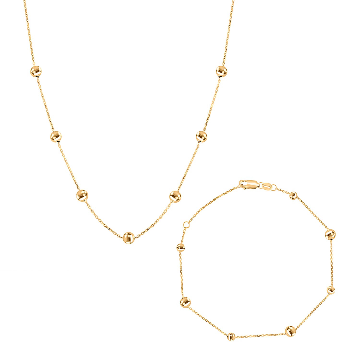 Italian 10K Yellow Gold Beaded Bracelet (7.00-8.00In) and Necklace 18-20 Inches 2.90 Grams