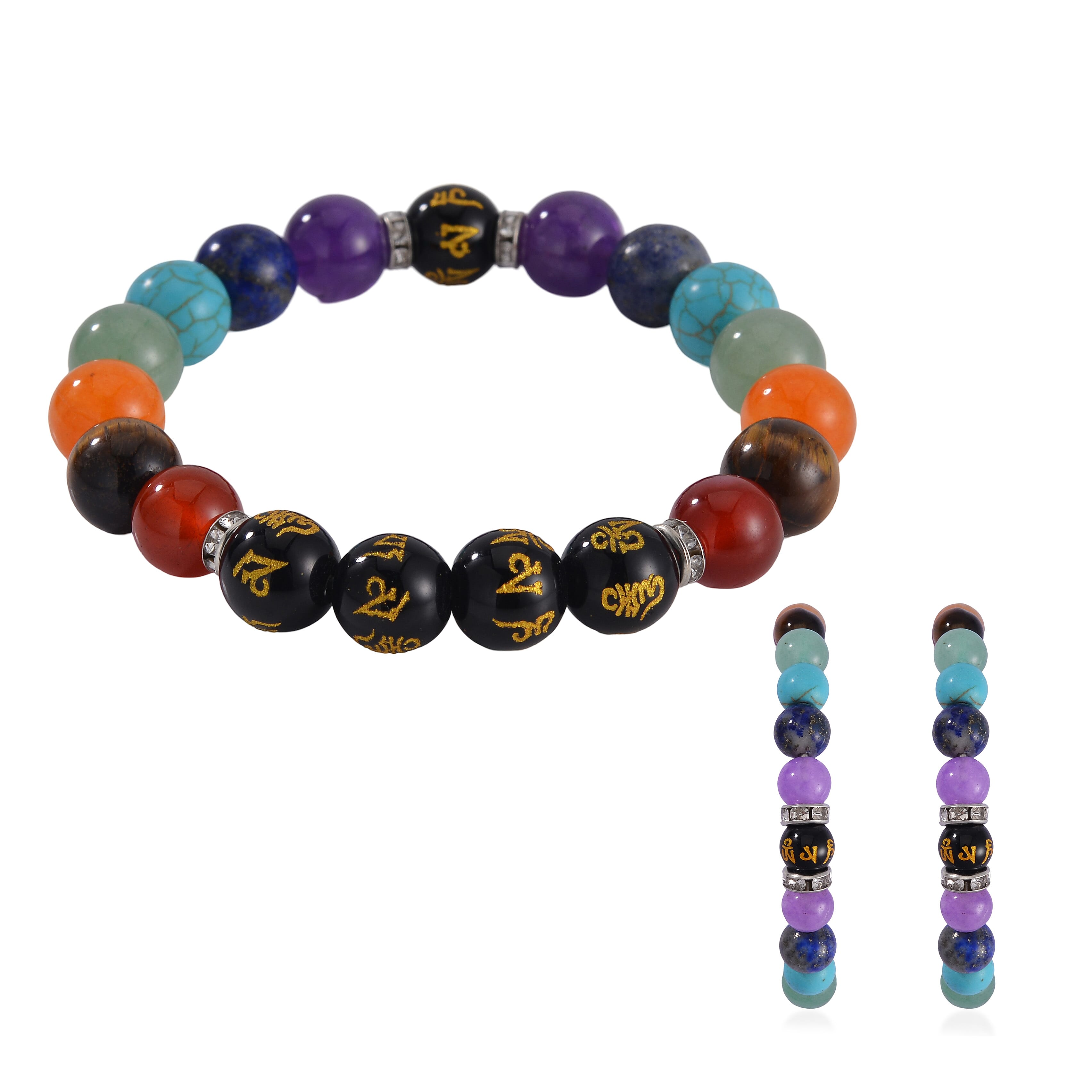 Multi Gemstone Beaded Stretch Bracelet and J-Hoop Earrings in Silvertone & Stainless Steel 220.00 ctw