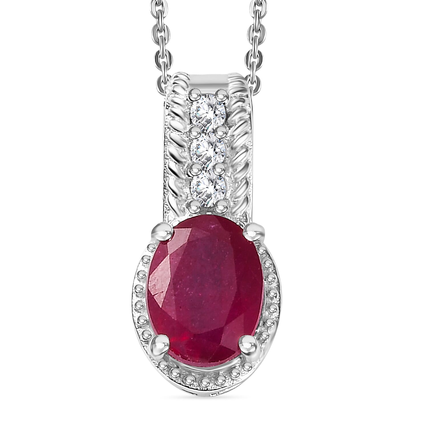 Niassa Ruby (FF), White Zircon Pendant Necklace (20 Inches) in Rhodium Over Sterling Silver 1.70 ctw
