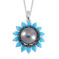 Tahitian Cultured Pearl and Sleeping Beauty Turquoise Daisy Floral Pendant Necklace 18 Inches in Rhodium Over Sterling Silver 2.70 ctw - Sticky add to cart bar