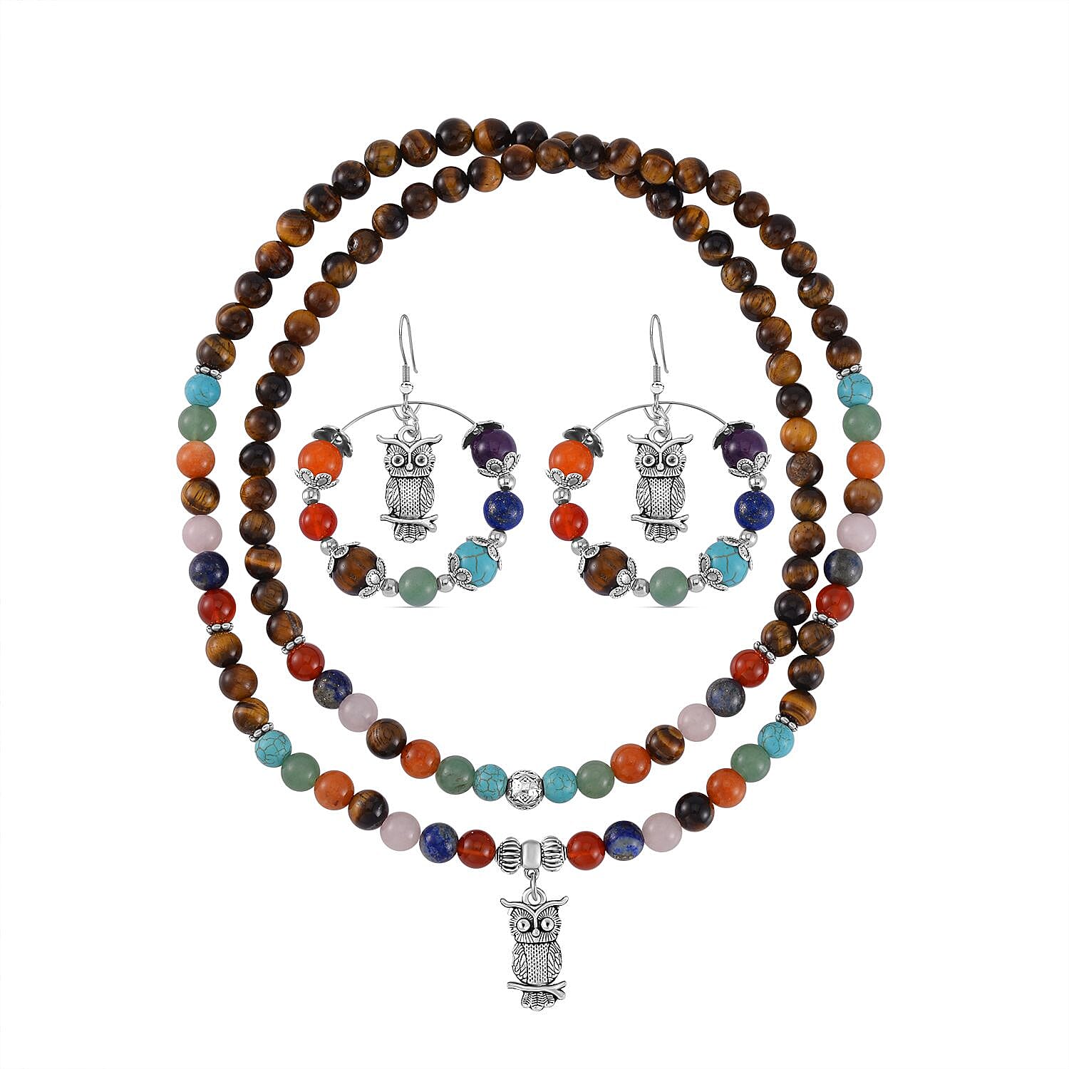 Multi Gemstone 560.00 ctw Necklace and Earrings in Silvertone and Stainless Steel (34 Inches)