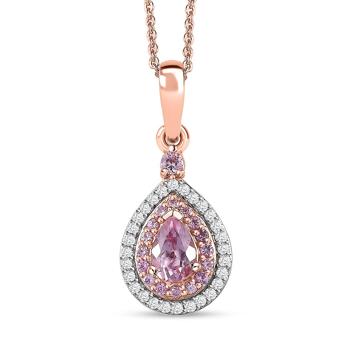 Narsipatnam Pink Spinel and Multi Gemstone Double Halo Pendant Necklace 20 Inches in 18K Vermeil Rose Gold Over Sterling Silver 1.00 ctw