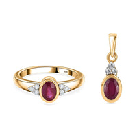 African Ruby and Moissanite 1.10 ctw Ring (Size 11.50) and Pendant without Chain in 18K Vermeil YG Over Sterling Silver