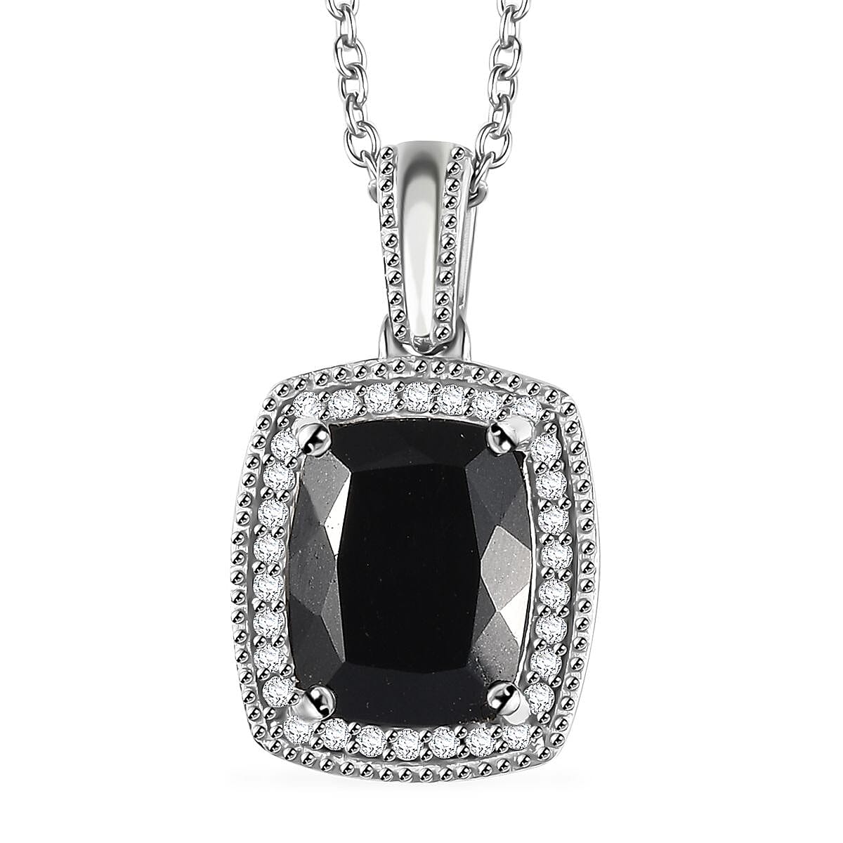California Black Jade and White Zircon Pendant Necklace 20 Inches in Rhodium Over Sterling Silver 3.20 ctw