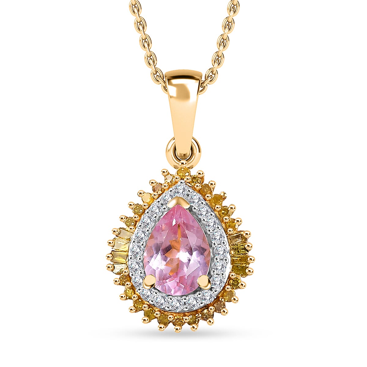 Narsipatnam Pink Spinel, Yellow and White Diamond Double Halo Pendant Necklace 20 Inches in 18K Vermeil Yellow Gold Over Sterling Silver 1.10 ctw