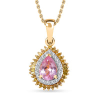 Narsipatnam Pink Spinel, Yellow and White Diamond Double Halo Pendant Necklace 20 Inches in 18K Vermeil Yellow Gold Over Sterling Silver 1.10 ctw