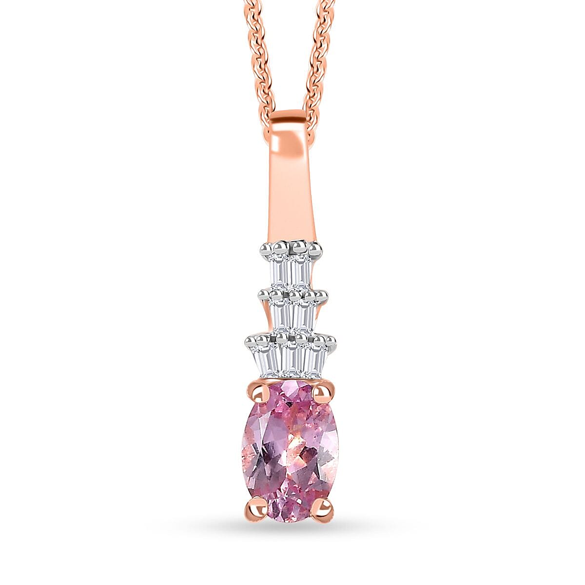 Narsipatnam Pink Spinel and Diamond Pendant Necklace 20 Inches in 18K Vermeil Rose Gold Over Sterling Silver 0.60 ctw
