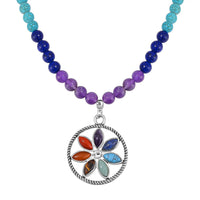 Multi Gemstone 325.00 ctw Beaded Seven Chakra Floral Necklace 18-20 Inches and Stretch Bracelet in Silvertone