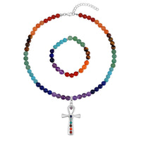 Multi Gemstone 325.00 ctw Beaded Seven Chakra Cross Necklace 18-20 Inches and Stretch Bracelet in Silvertone