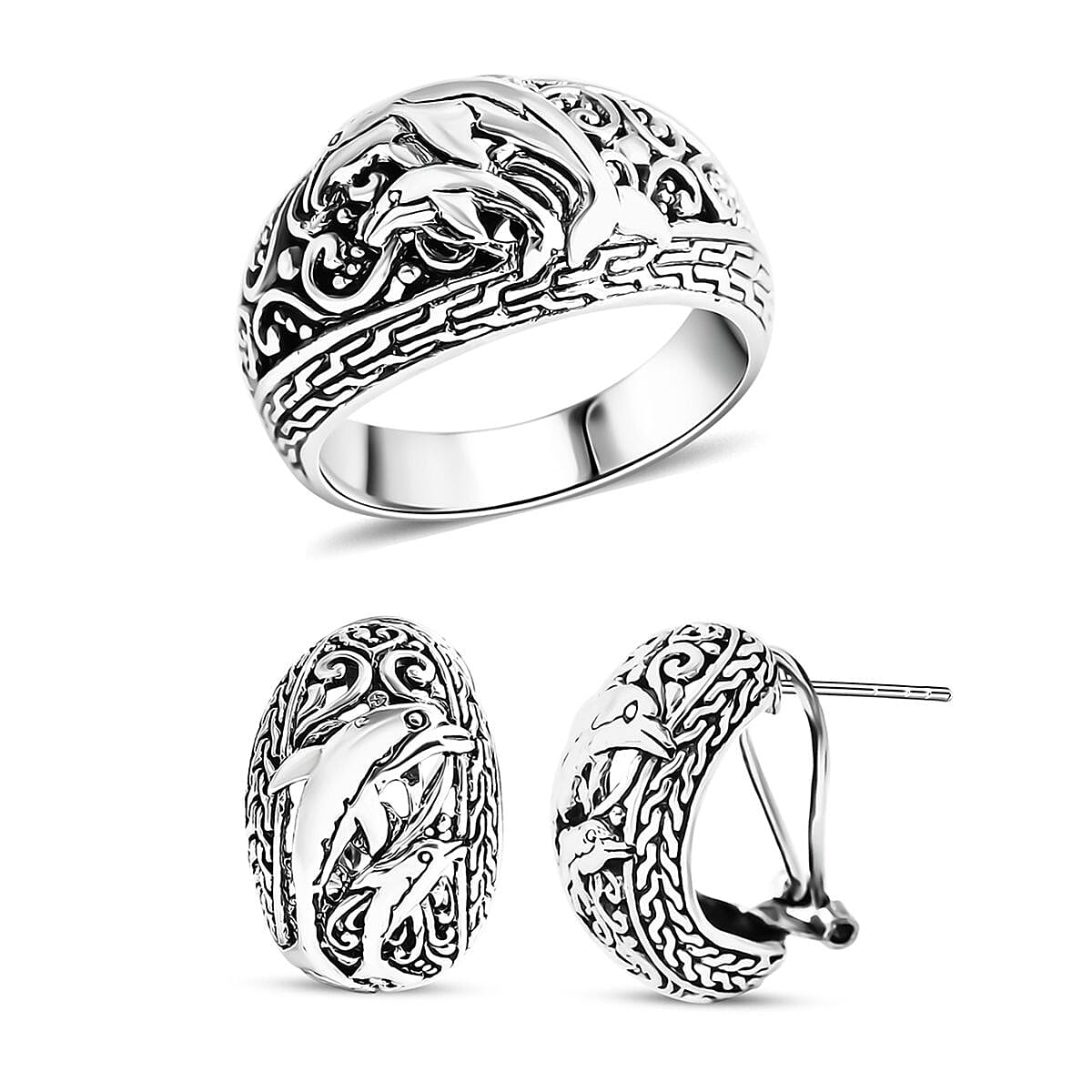 One Time Only Bali Legacy Sterling Silver Dolphin Ring (Size 5.0) and Earrings (16.60 g)