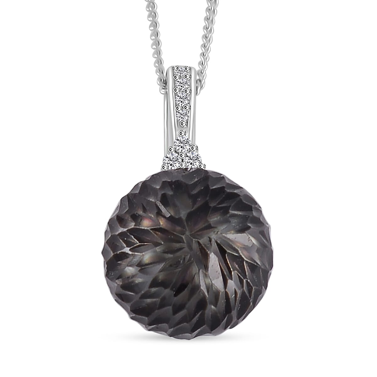 Tahitian Cultured Pearl and Moissanite Lotus Carved Pendant Necklace 18 Inches in Rhodium Over Sterling Silver 0.10 ctw