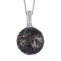 Tahitian Cultured Pearl and Moissanite Lotus Carved Pendant Necklace 18 Inches in Rhodium Over Sterling Silver 0.10 ctw