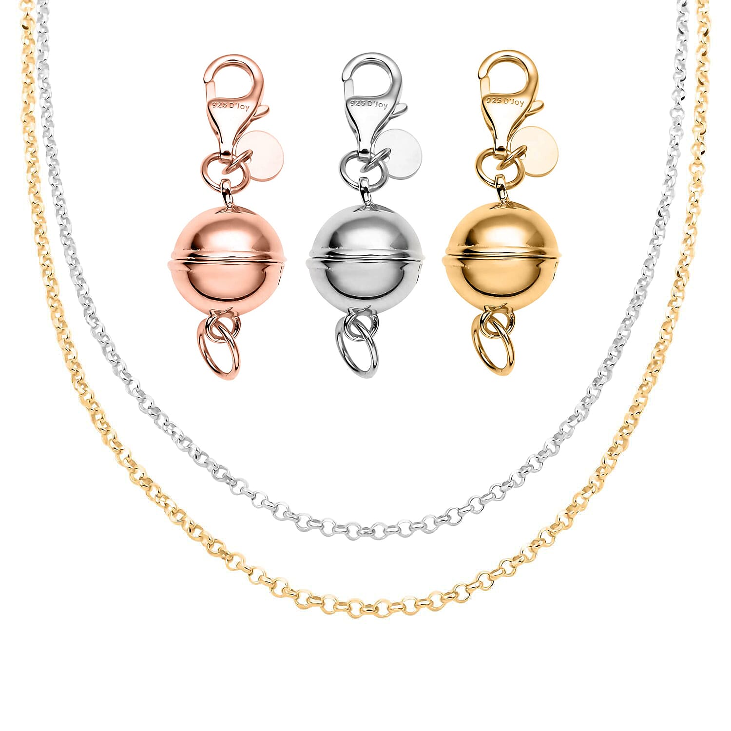 14K YRG and Rhodium Over Sterling Silver Set of 3 9mm Round Magnetic Lock with Lobster Clasp and 2pcs Flat Rolo Diamond-cut Chain Necklace (24 Inches) 32.80 Grams
