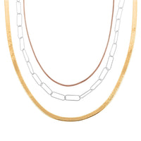 Set of 3 14K YRG Over Sterling Silver Herringbone, Paperclip and Diamond-Cut Coryana Chain Necklace 20, 22, 24 Inches 27.40 Grams