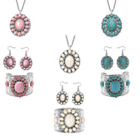 Set of 3 Multi Color Howlite Floral Cuff Bracelet (7.50-8.50 In), Earrings and Pendant Necklace (26-30 Inches) Jewelry Set in Silvertone 470.00 ctw
