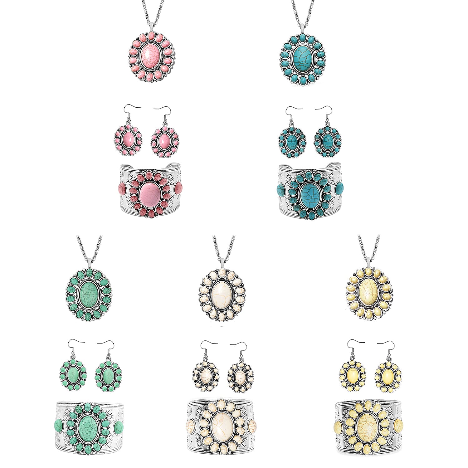 Set of 5 Multi Color Howlite Floral Cuff Bracelet (7.50-8.50 In), Earrings and Pendant Necklace (26-30 Inches) Jewelry Set in Silvertone 750.00 ctw