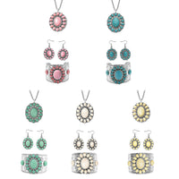 Set of 5 Multi Color Howlite Floral Cuff Bracelet (7.50-8.50 In), Earrings and Pendant Necklace (26-30 Inches) Jewelry Set in Silvertone 750.00 ctw