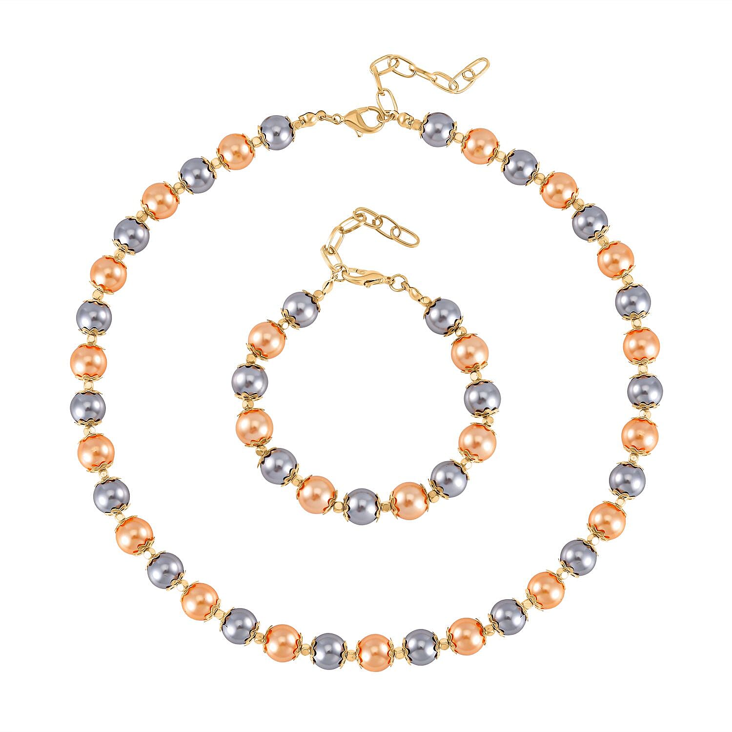 Golden and Silver Shell Pearl Statement Necklace 18-20 Inches and Bracelet (6.5-8.5In) in Goldtone
