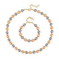 Golden and Silver Shell Pearl Statement Necklace 18-20 Inches and Bracelet (6.5-8.5In) in Goldtone