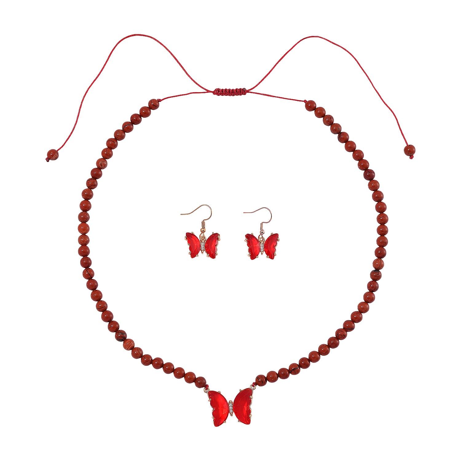 TLV Red Glass, Simulated Diamond and Red Jasper Beaded Butterfly Necklace (17-22 Inches) and Earrings in Goldtone 105.15 ctw