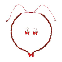 TLV Red Glass, Simulated Diamond and Red Jasper Beaded Butterfly Necklace (17-22 Inches) and Earrings in Goldtone 105.15 ctw