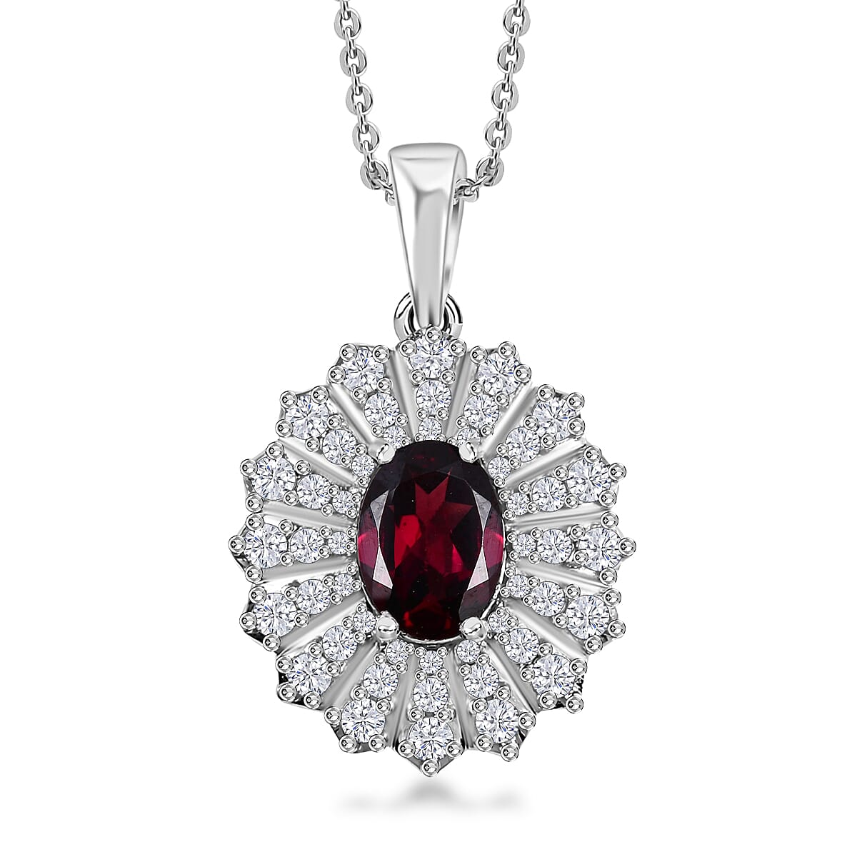 Tanzanian Wine Garnet and Moissanite Sunray Pendant Necklace 20 Inches in Rhodium Over Sterling Silver 2.25 ctw