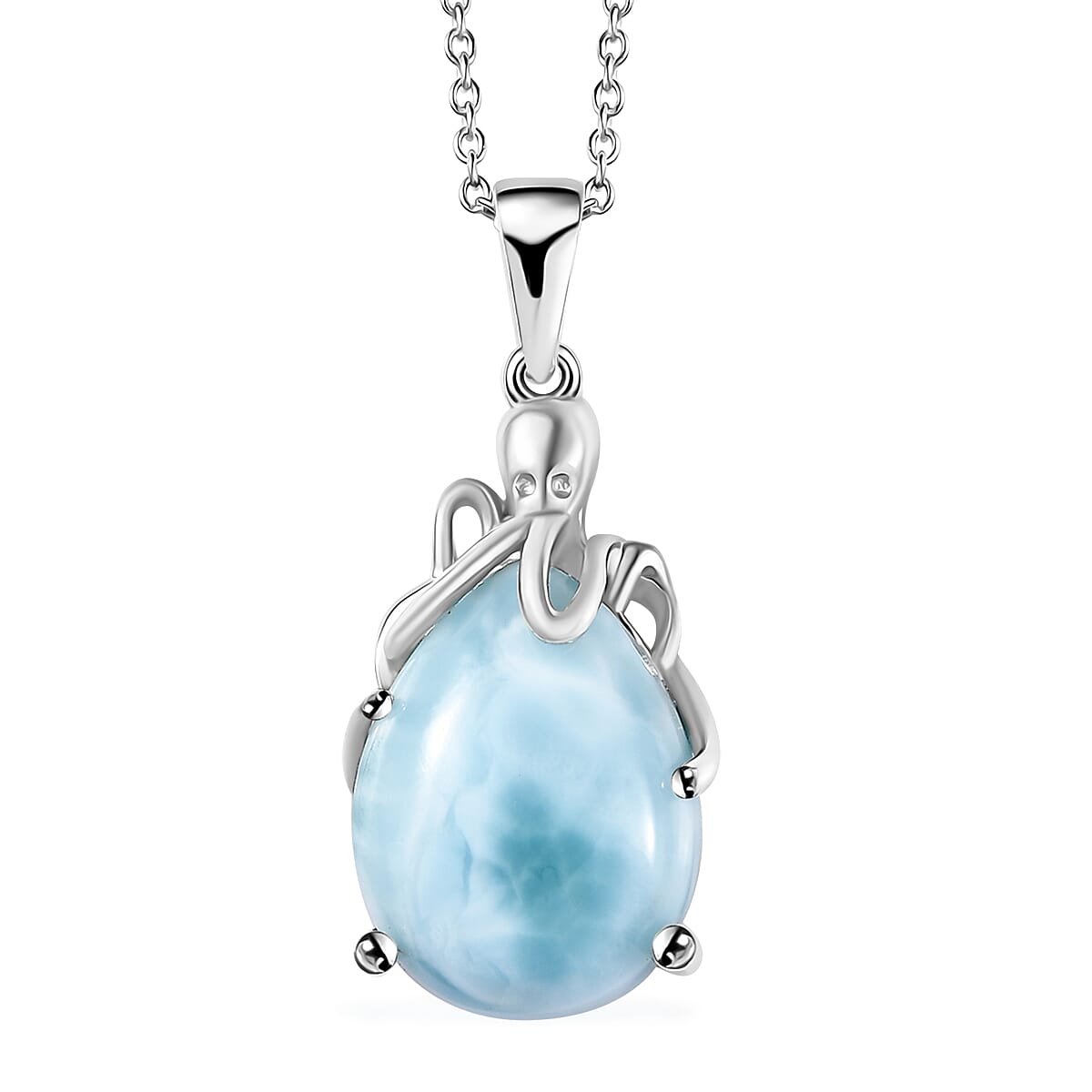Larimar Octopus Pendant Necklace 20 Inches in Rhodium Over Sterling Silver 10.25 ctw