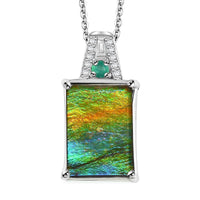 Epic Deal Canadian Ammolite, Emerald, Diamond Pendant Necklace (20 Inches) in Rhodium Over Sterling Silver 0.20 ctw