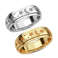 Set of 2 Vermeil YG and Platinum Over Sterling Silver Moon Star Fidget Spinner Ring for Anxiety (9.80 g)