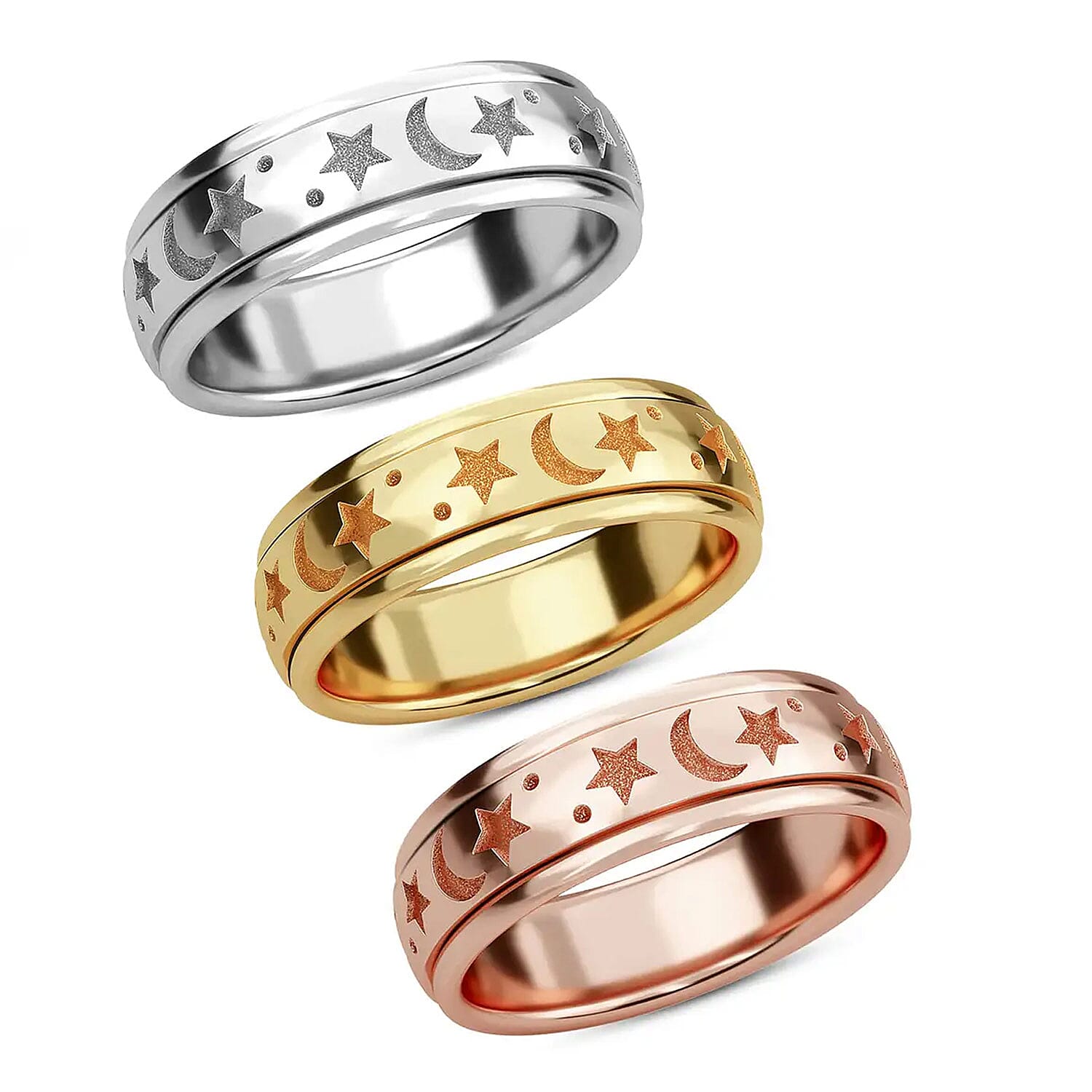 Set of 3 Vermeil YRG and Platinum Over Over Sterling Silver Moon Star Fidget Spinner Ring for Anxiety (13.30 g)