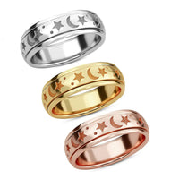 Set of 3 Vermeil YRG and Platinum Over Over Sterling Silver Moon Star Fidget Spinner Ring for Anxiety (13.30 g)