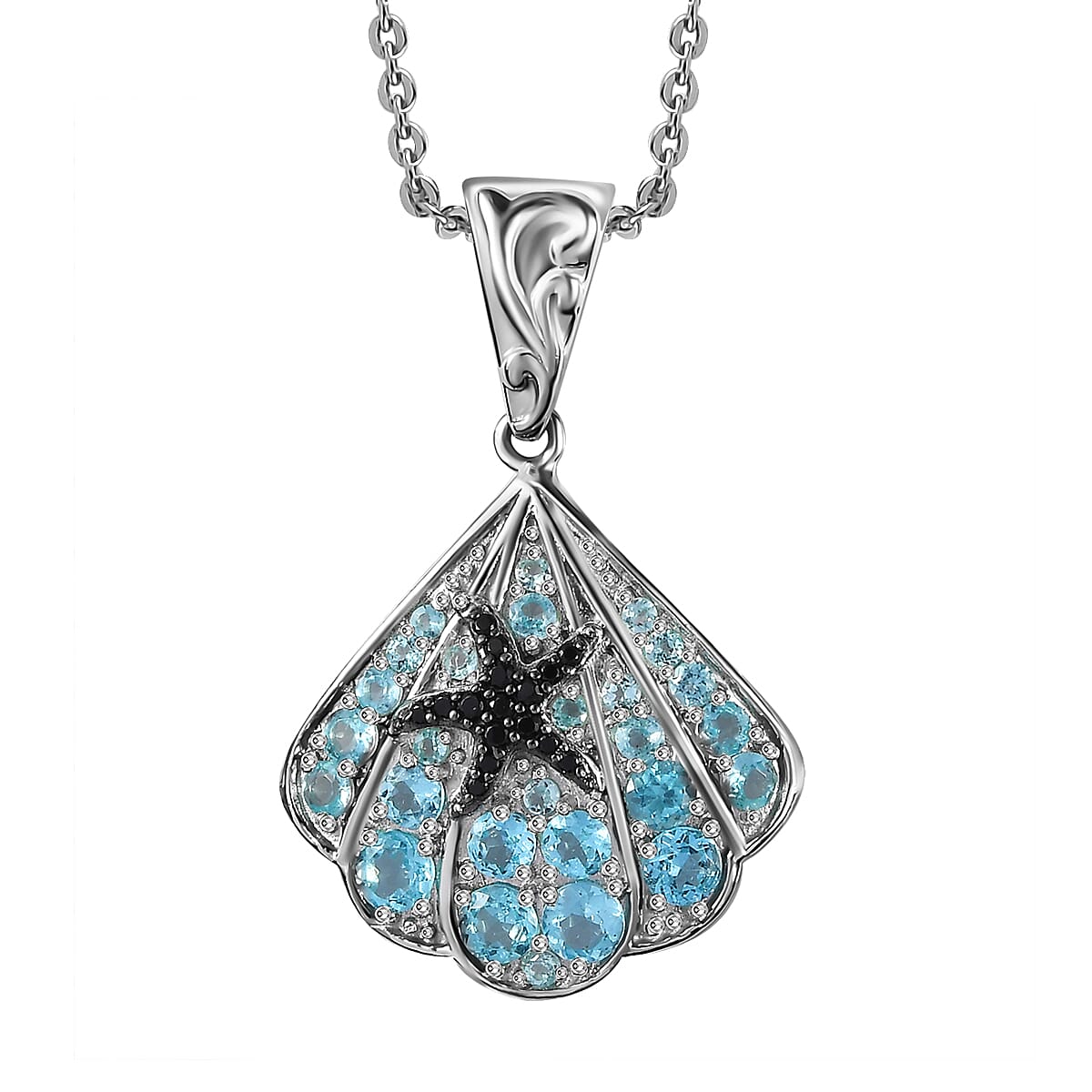 Betroka Blue Apatite and Thai Black Spinel Star Fish and Shell Pendant Necklace 20 Inches in Rhodium Over Sterling Silver 2.10 ctw