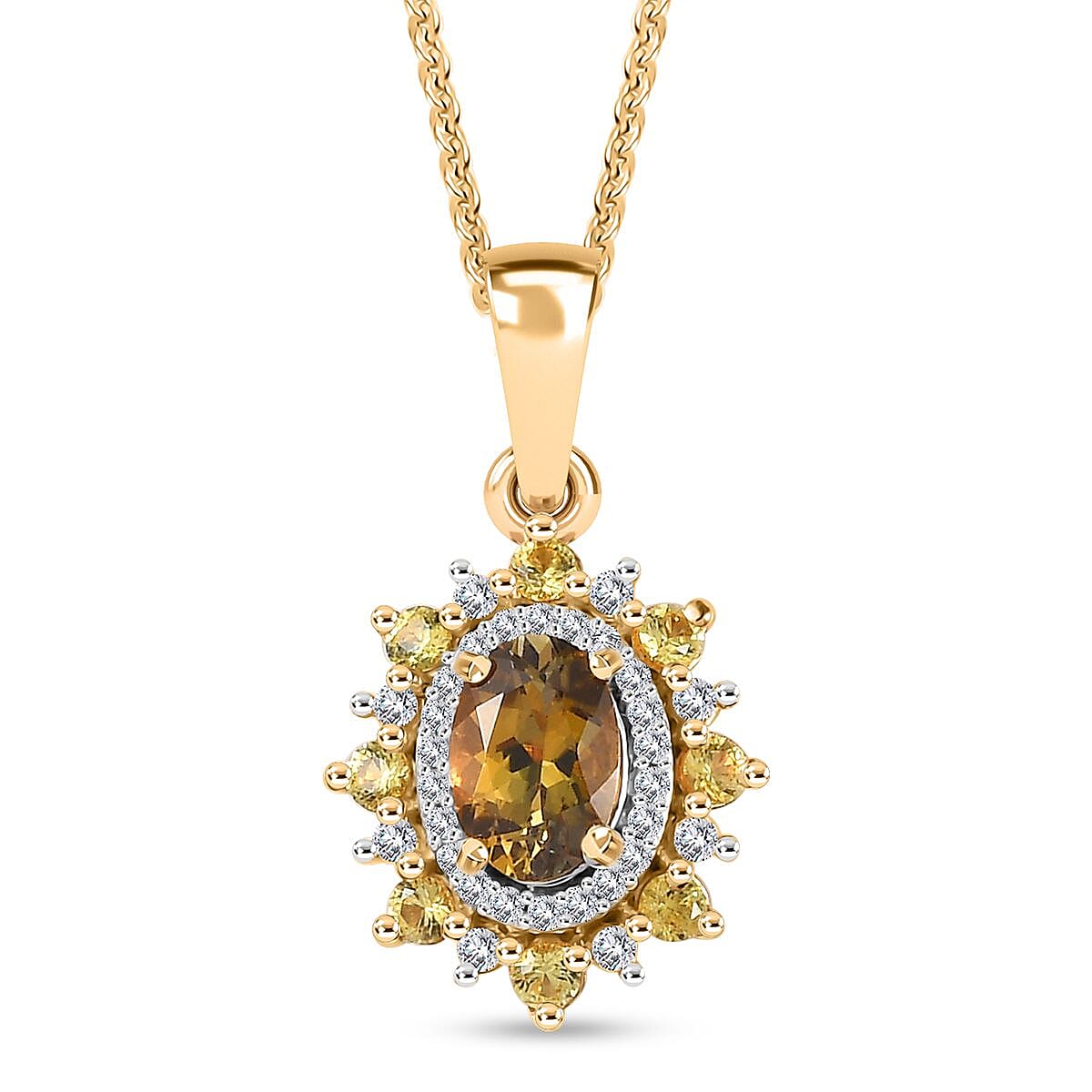Golden Tanzanite and Multi Gemstone Sunburst Pendant Necklace 20 Inches in 18K Vermeil Yellow Gold Over Sterling Silver 1.25 ctw