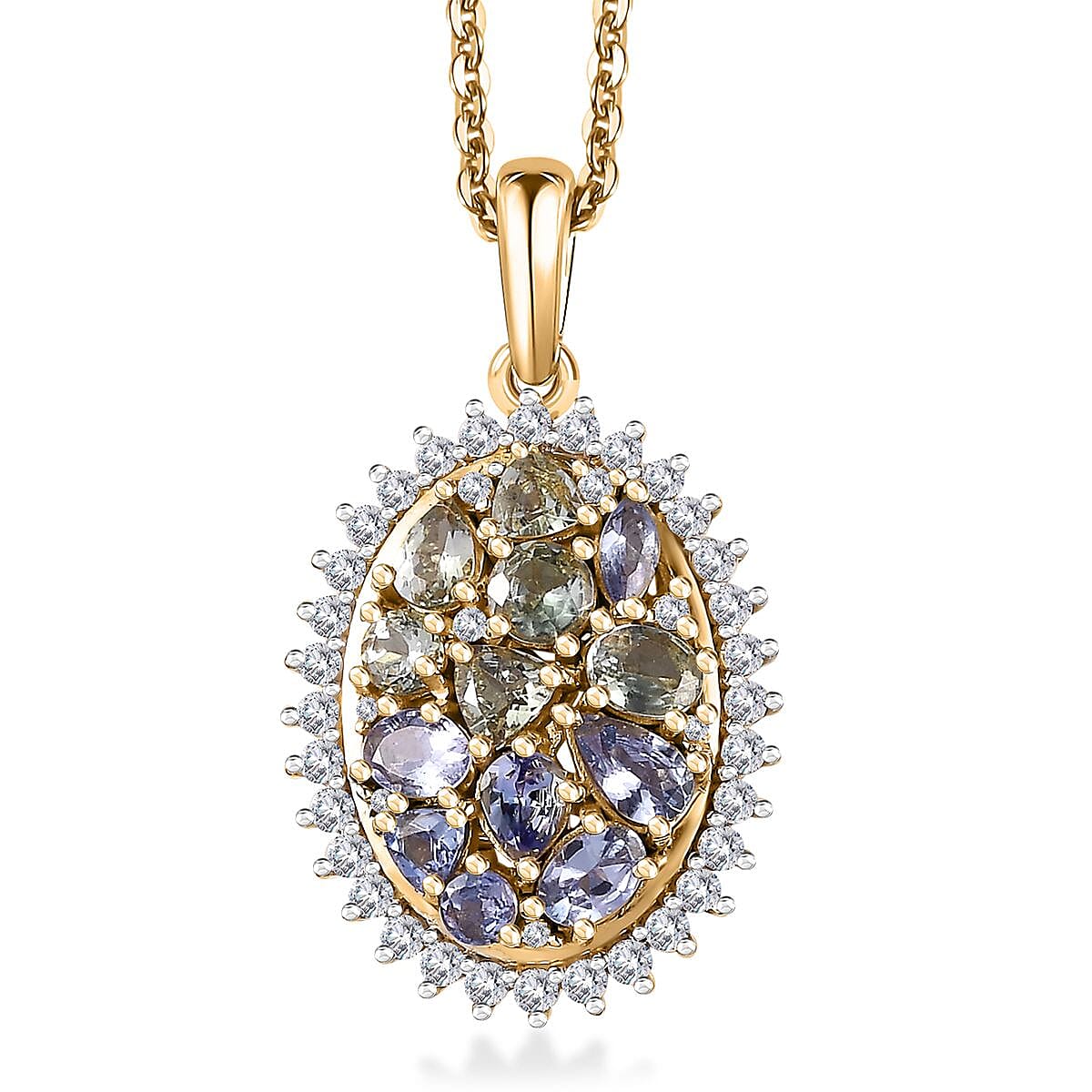 Tanzanite and Green Tanzanite, White Zircon Northern Lights Cocktail Pendant Necklace 20 Inches in 18K Vermeil Yellow Gold Over Sterling Silver 2.60 ctw