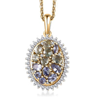 Tanzanite and Green Tanzanite, White Zircon Northern Lights Cocktail Pendant Necklace 20 Inches in 18K Vermeil Yellow Gold Over Sterling Silver 2.60 ctw