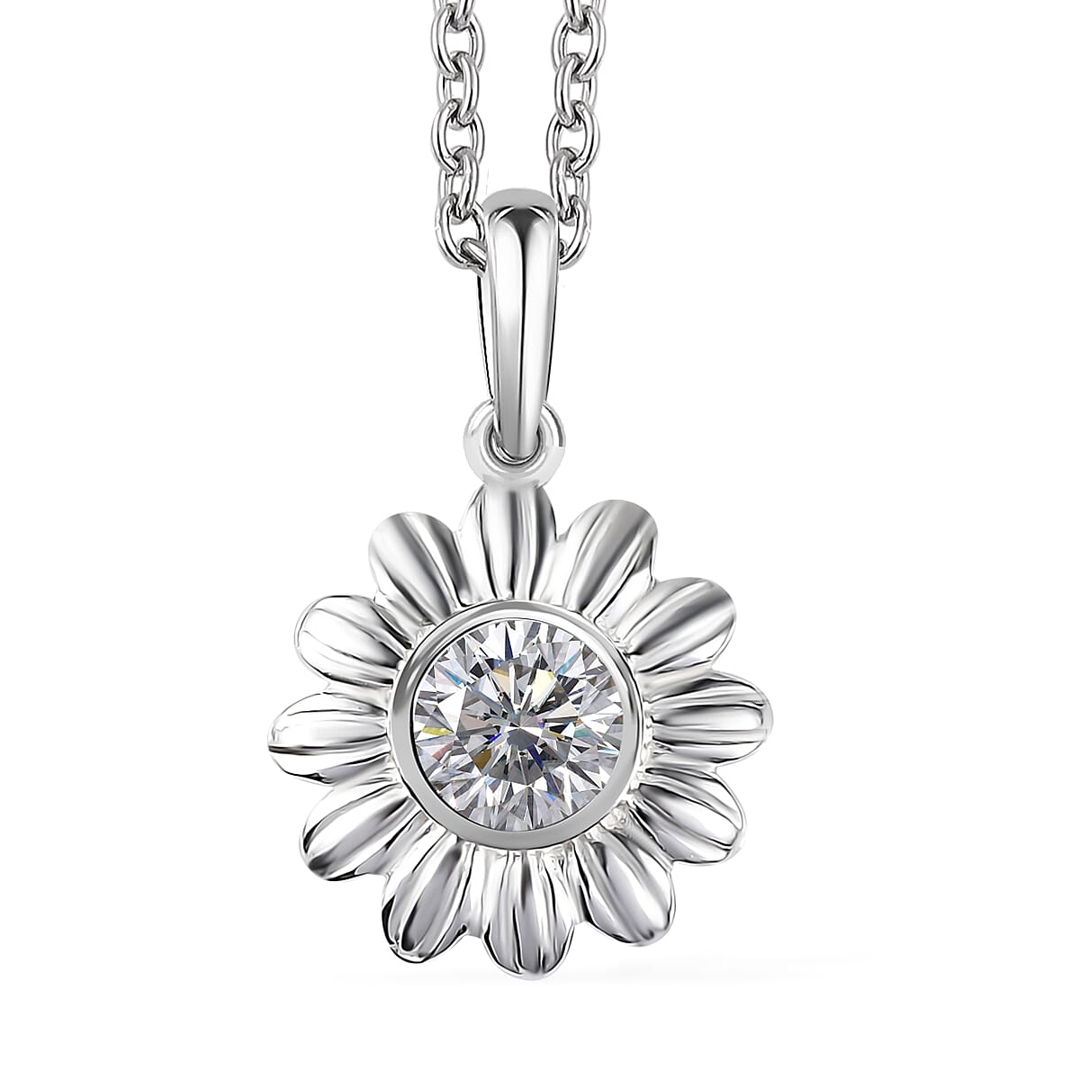 Simulated Diamond Sunflower Pendant in Sterling Silver with Stainless Steel Necklace 20 Inches in 0.90 ctw