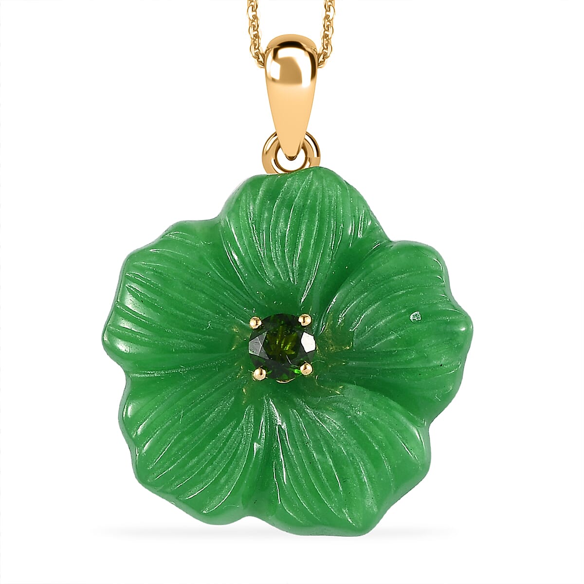 Green Jade Carved, Chrome Diopside Floral Pendant Necklace (20 Inches) in Vermeil YG Over Sterling Silver 43.00 ctw