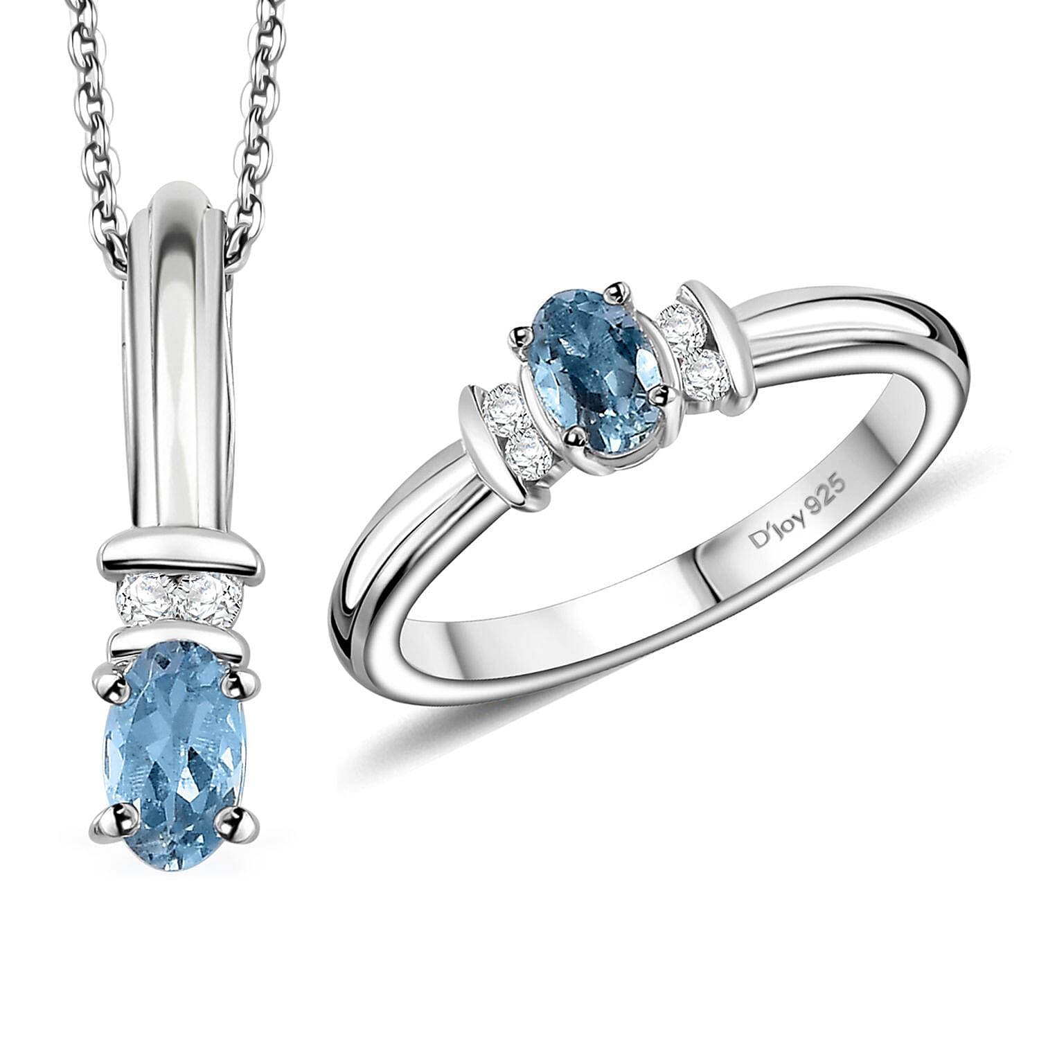 Santa Maria Aquamarine, White Zircon Ring (Size 5.0), Pendant Necklace (20 Inches) in Rhodium Over Sterling Silver 0.50 ctw