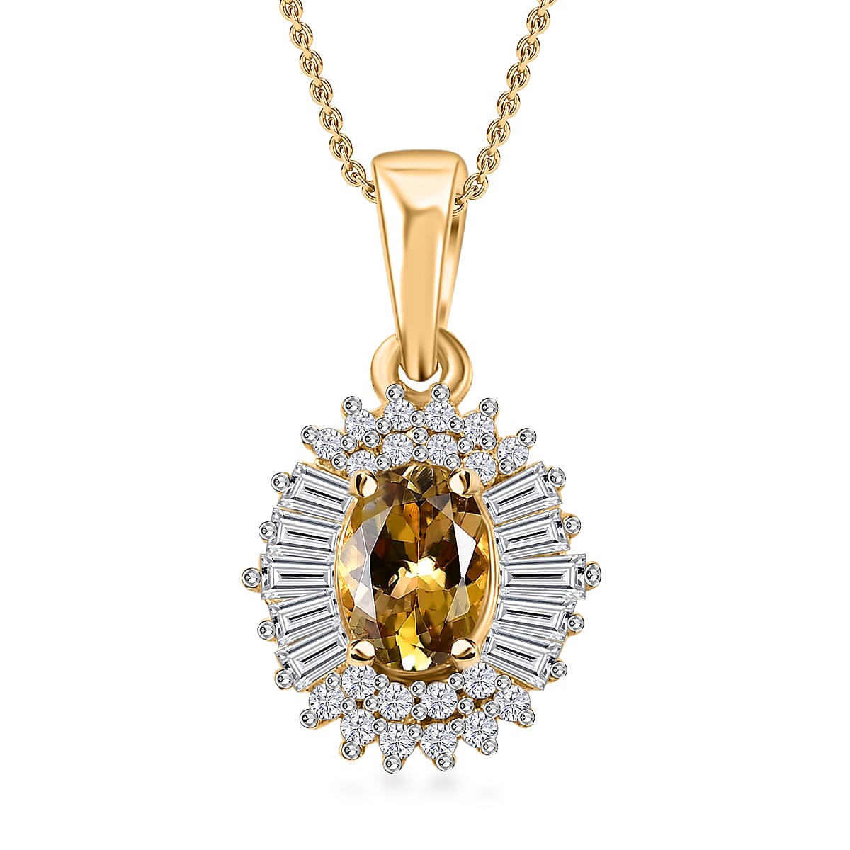 Golden Tanzanite and White Zircon Sunburst Pendant Necklace 20 Inches in 18K Vermeil Yellow Gold Over Sterling Silver 1.65 ctw
