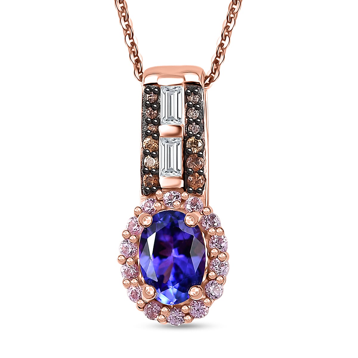 AAA Tanzanite and Multi Gemstone Kephi Pendant Necklace 20 Inches in 18K Vermeil Rose Gold Over Sterling Silver 1.40 ctw