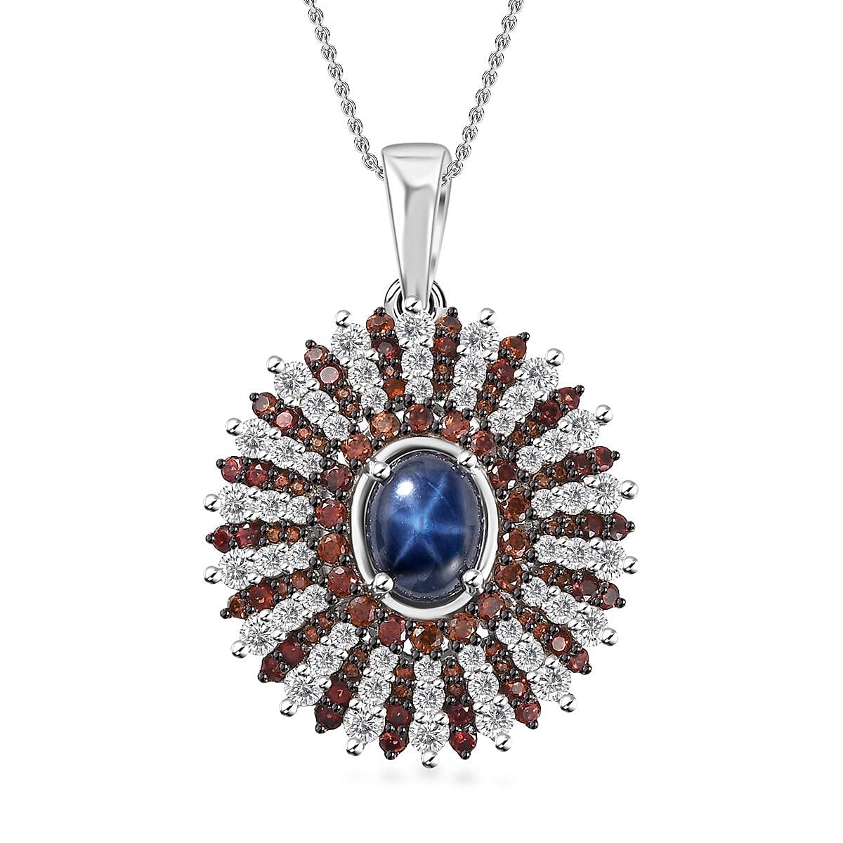 Blue Star Sapphire (DF), White and Brown Zircon Star Ray Pendant Necklace 18-20 Inches in Platinum Over Sterling Silver 7.35 ctw