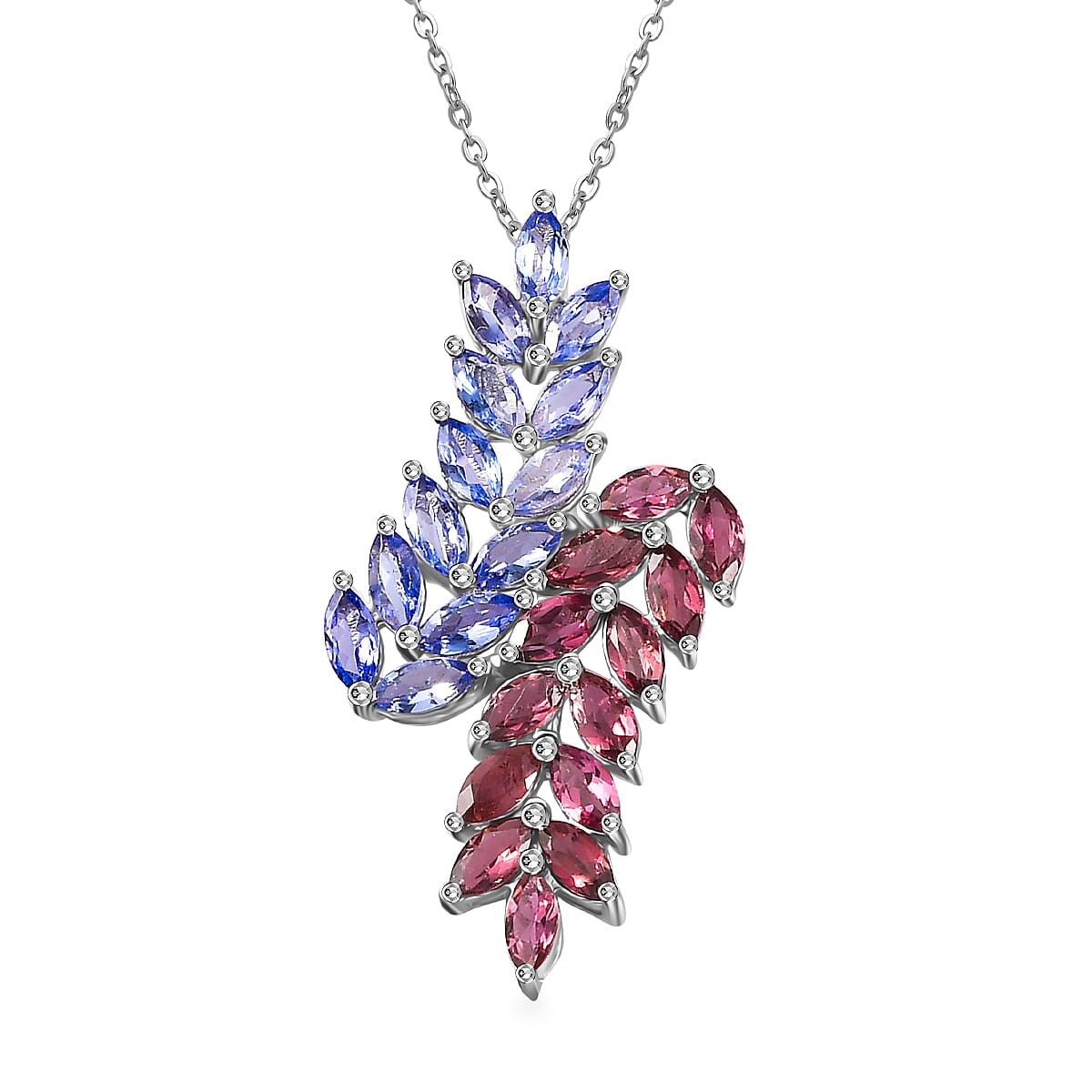 Tanzanite and Morro Redondo Pink Tourmaline 3.50 ctw Bypass Fern Leaf Pendant Necklace 20 Inches in Rhodium Over Sterling Silver