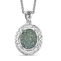 Peacock Druzy Quartz 3.10 ctw Pendant in Platinum Bond with Stainless Steel Necklace 20 Inches