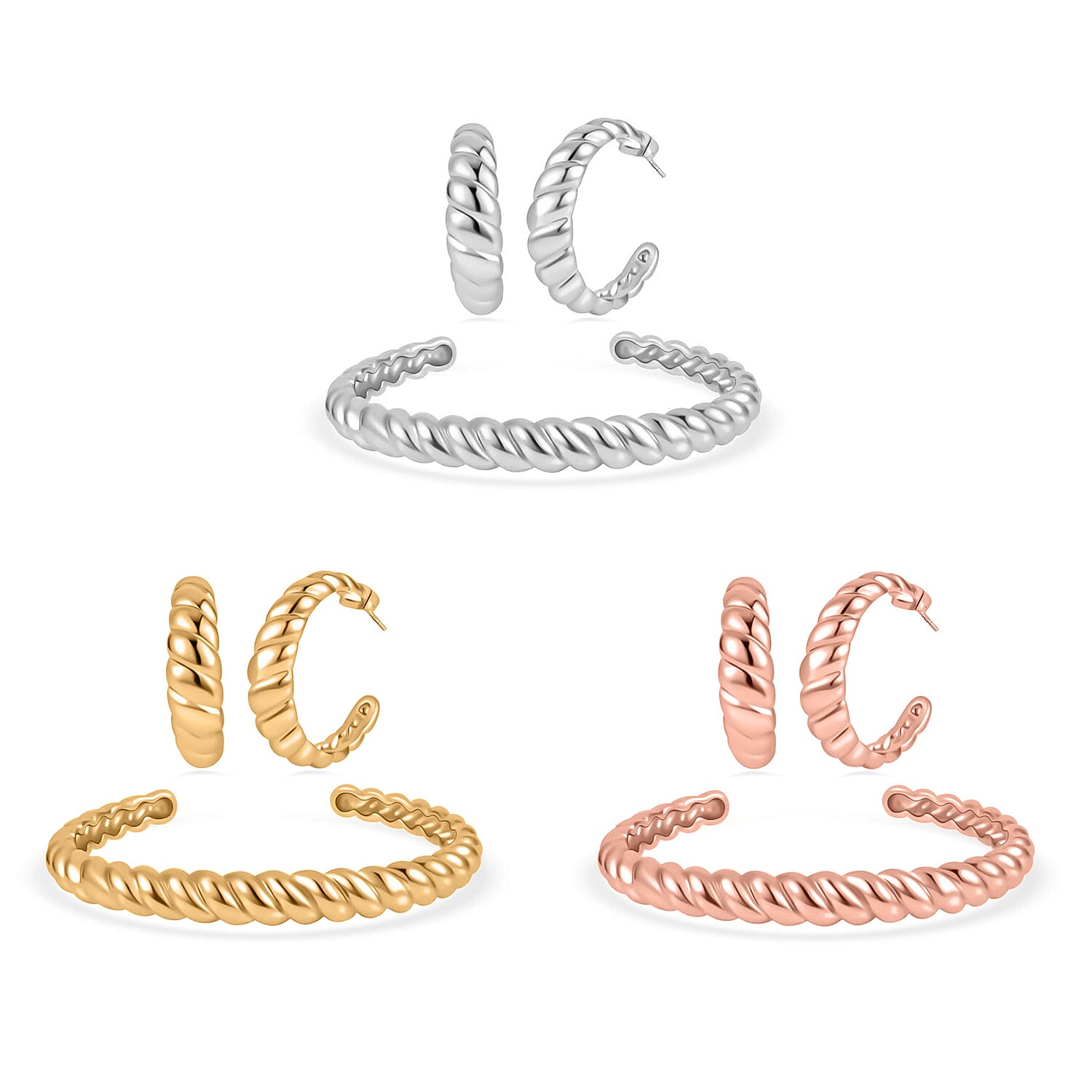 EverTrue Set of 3 Twisted Cuff Bracelet (7.50 In) and Half Hoop Earrings in ION Plated YRG and Stainless Steel