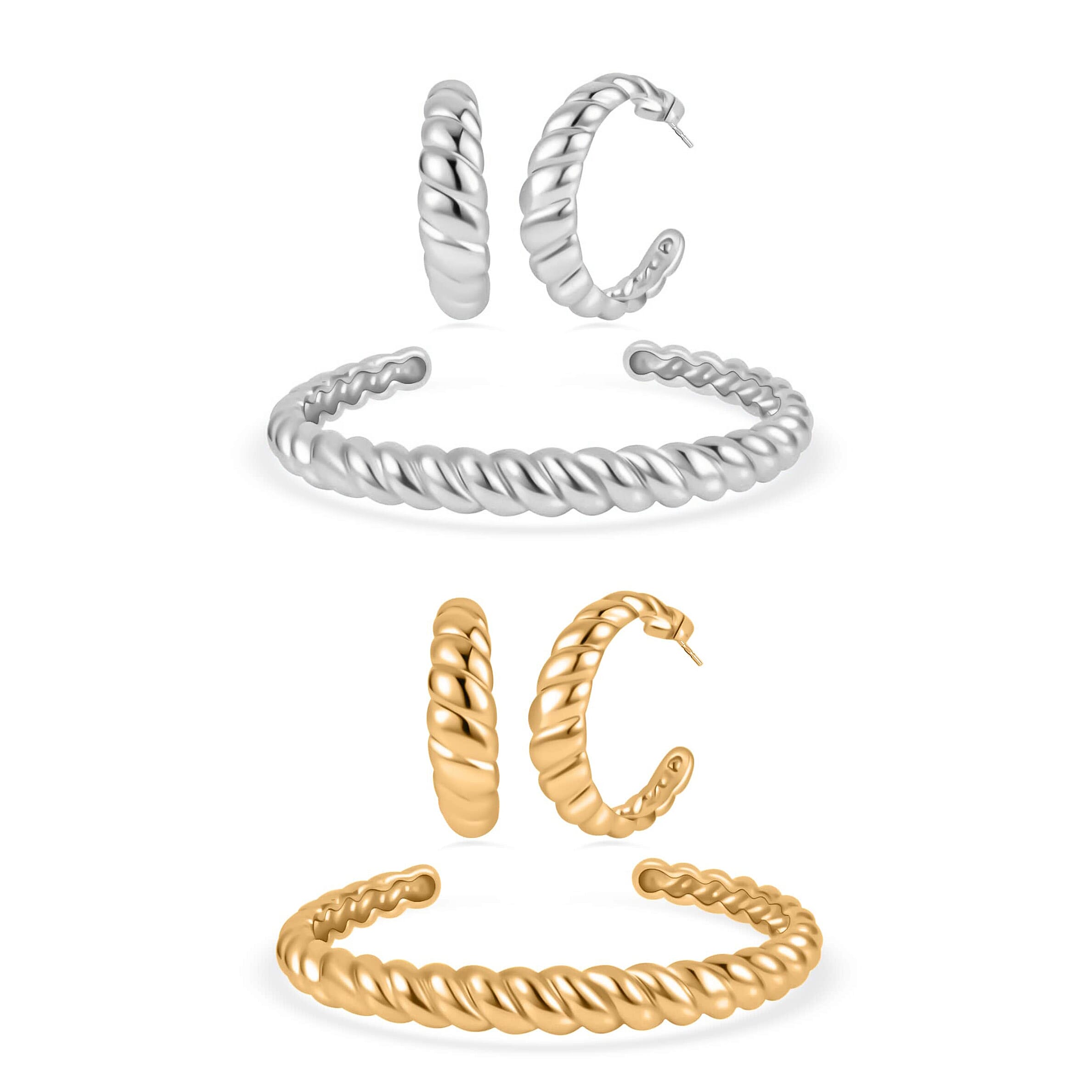 EverTrue Set of 2 Twisted Cuff Bracelet (7.50 In) and Half Hoop Earrings in ION Plated YG and Stainless Steel