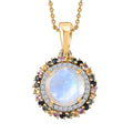 Moon Glow Moonstone, Multi Sapphire and White Zircon Double Halo Rainbow Pendant Necklace 20 Inches in 18K Vermeil Yellow Gold Over Sterling Silver 4.50 ctw - Sticky add to cart bar