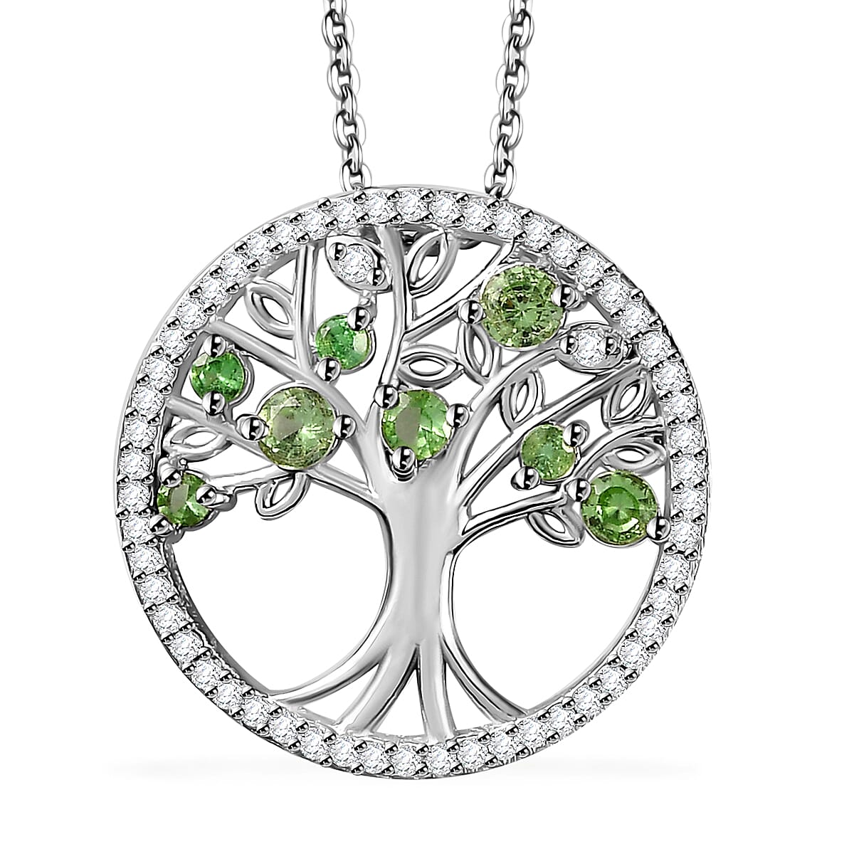 Brazilian Mint Garnet and White Zircon Tree of Life Pendant Necklace 20 Inches in Rhodium Over Sterling Silver 1.00 ctw